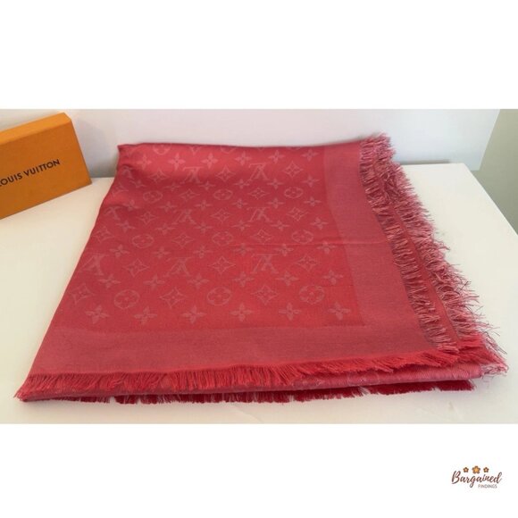 Authentic Louis Vuitton Pink/Fuchsia Silk/Wool Monogram Shawl Scarf 55x55 - Picture 4 of 6